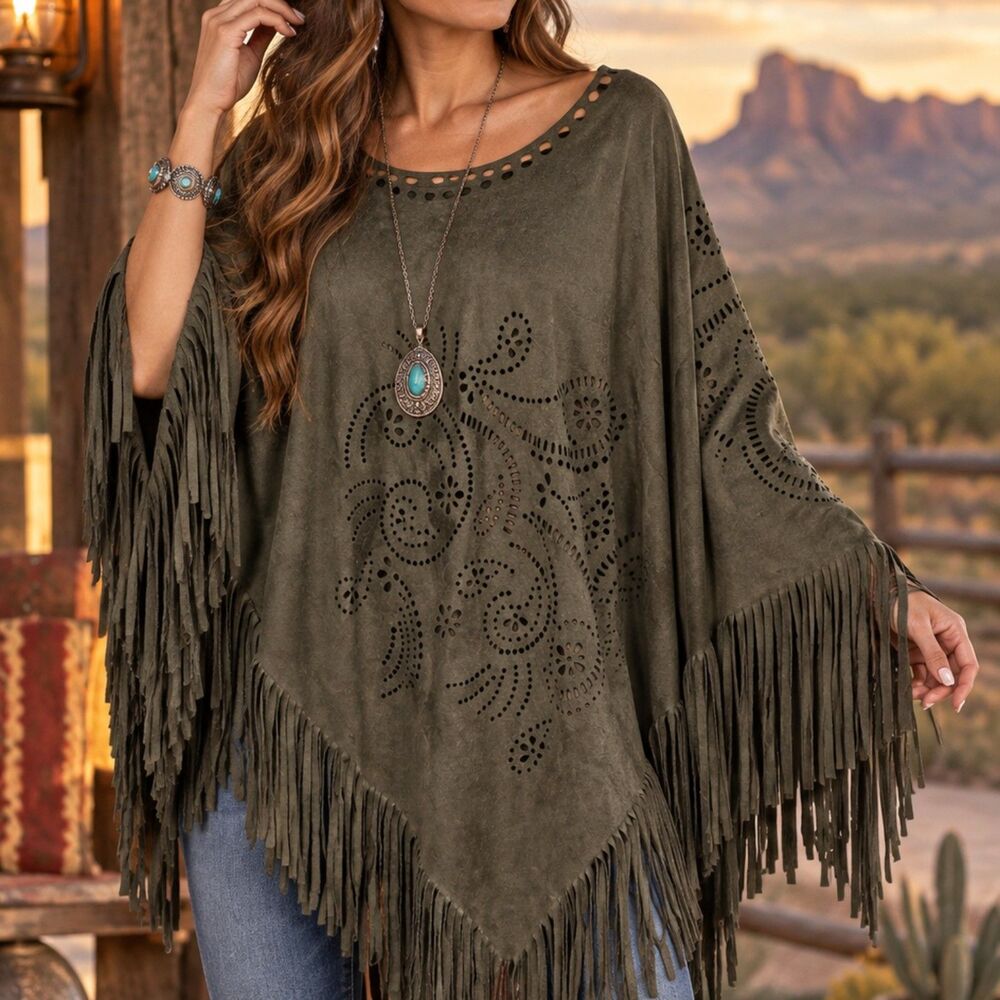 Cato Faux Suede Laser Cut Fringe Poncho OS Olive Boho Western Cowgirl Cape